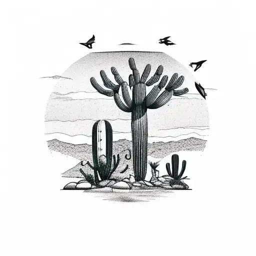 Saguaro Cactus On A Desert Landscape With A Roadrunner And Coyote Silhouette