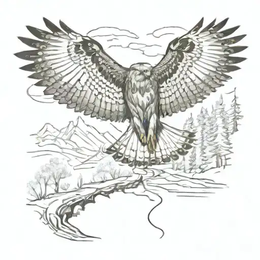 Redtail Hawk Flying Down A Road Winding