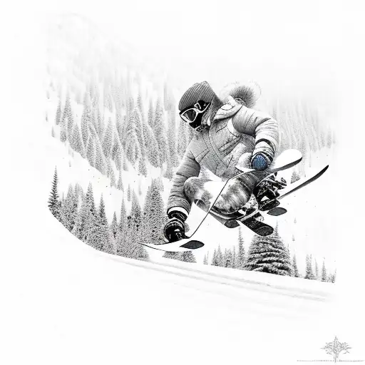 A Snowboarder Carving Through A Forest Of Mystical Creatures