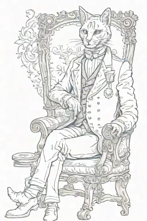 An Aristocratic Magician In A Victorian Doublet Sitting On A Chair Wearing A Cat Mask