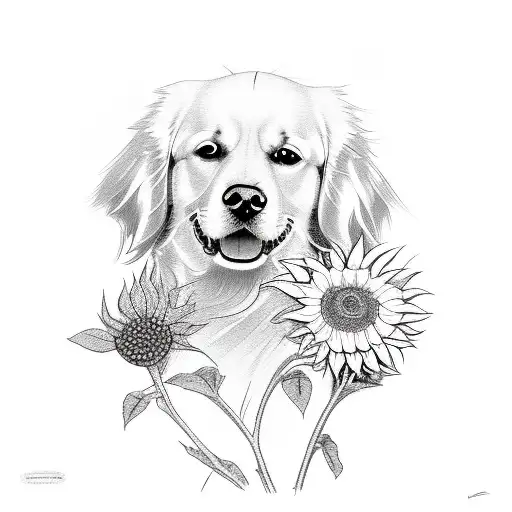 Golden Retriever With A Sunflower