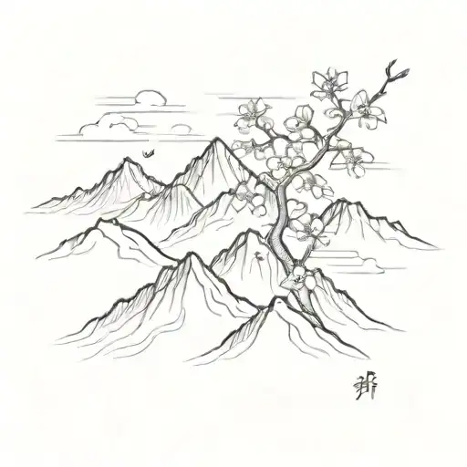 A Minimalist Sketch Of A Korean Mountain Range With Cherry Blossom Petals Falling In The Wind
