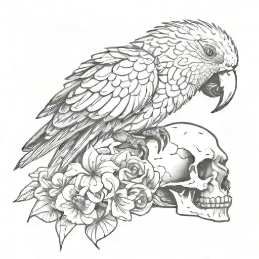 Cartoon Parrot Sitting On A Human Skull