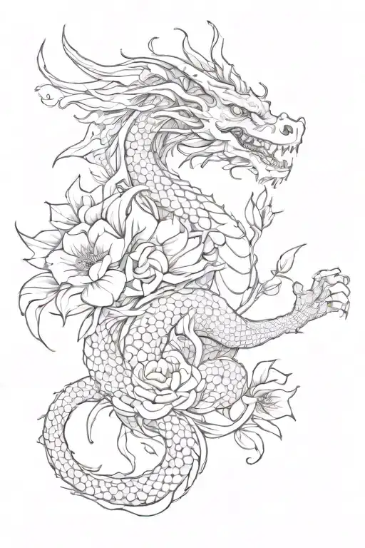 Dragon With Flowers Intertwined