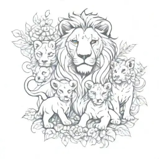 A Lioness And Lion Cubs Surrounded By A Swirling Vine Of Colorful Flowers