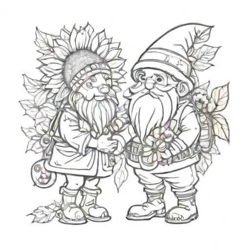 Autumn Gnome Holding Hands With Sunflower Humanoid With Dog Next To Them