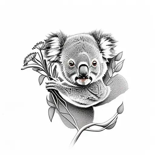Baby Koala Wrapped Around Forearm And Dahlia Flowers