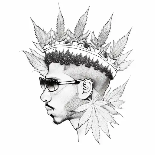 A Sketch-style Tattoo Of A Rapper Wearing A Crown Made Of Weed Leaves