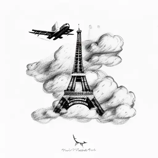 Eiffel Tower With A Plane Flying Through A Cloud In The Background