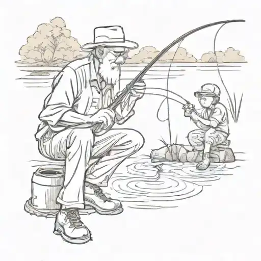 Grandfather With Grandson Fishing With Hook Caught In Grandfathers Sock