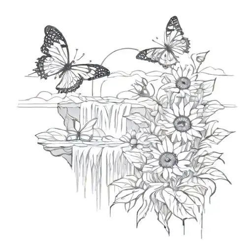 A Serene Waterfall Scene With Sunflowers And Butterflies Floating In The Mist