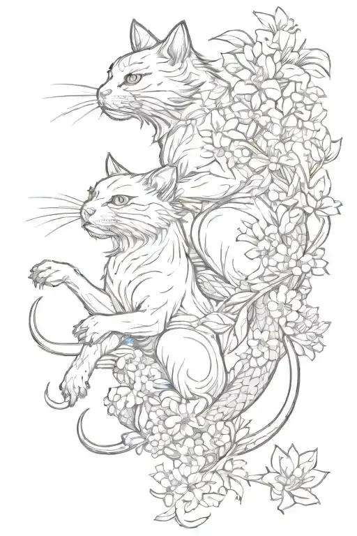 Two Ninja Cats Vertical To Each Other Surrounded By Flowers And A Dragon Wrapping Around Arm