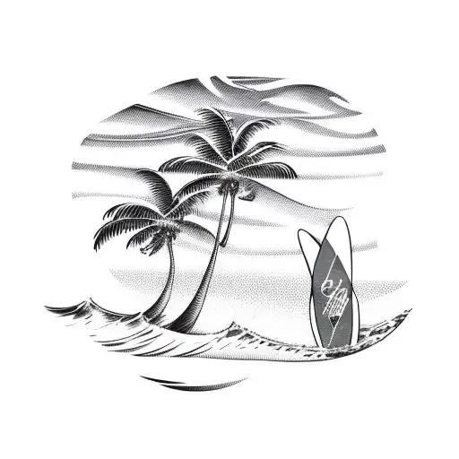 Surfboard Leaning On Palm Tree With The Ocean And Sunset In The Background