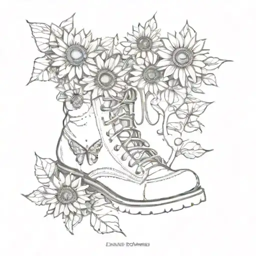 A Hiking Boot Adorned With Delicate Sunflower And Butterfly Designs