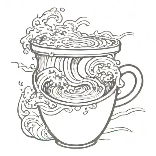 A Sketch Style Tattoo Of A Wave Crashing Into A Coffee Cup