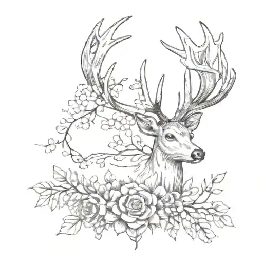Deer Antlers With Flowers At The Base And Weeping Willow Branches Hannging From The Antlers