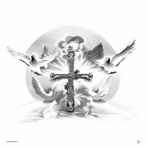 Doves With Clouds And Fire With The Cross Implemented And The Collesum From Italy