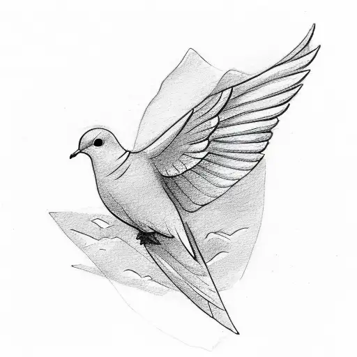 A Minimalistic Sketch Of A Peaceful Dove Flying Over A Gentle River