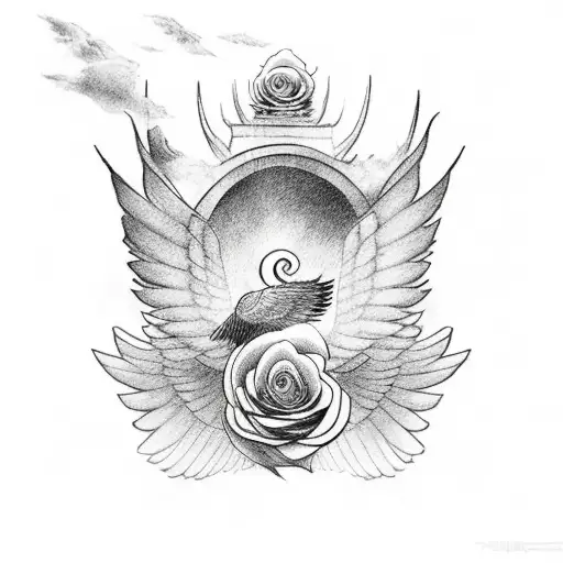 Staircase To Heaven With Wings And Clouds And A Rose At The Bottom