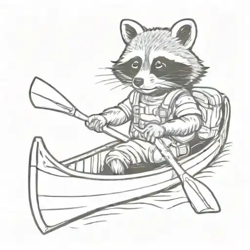 Cartoon Raccoon In A Canoe Wearing A Backpack Holding A Banana