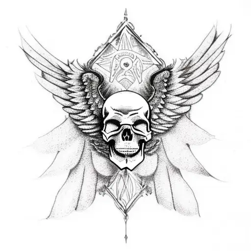 A Dotwork Tattoo Of A Skull With Wings And A Banner That Says 'No Sacrifice Is Too Great'