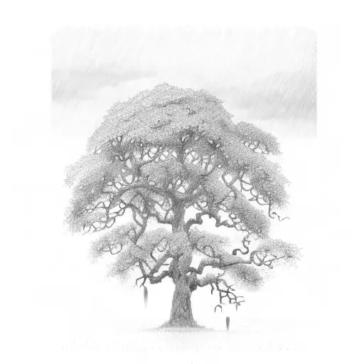 Huge Oak Tree And Heavy Rain