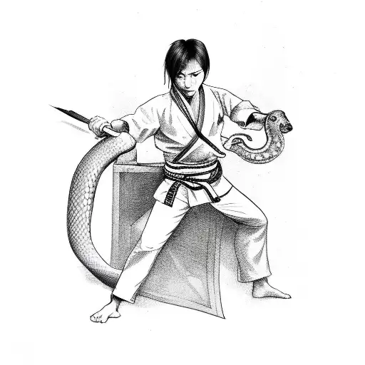 A Teakwondo Fighter Holding A Snake In One Hand And A Knife In The Other