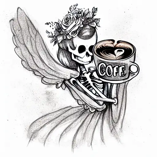 Skeleton With Black Angel Wings Wearing A Rose Headband And Holding A Coffee Cup