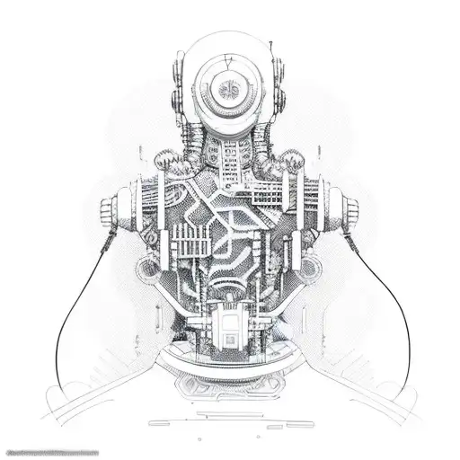 A Cyborg Mechanic Working On A Futuristic Car With Intricate Line Art Patterns