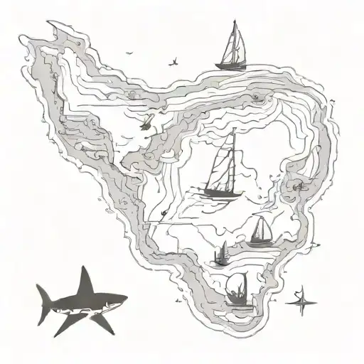Nautical Map With Windsurfing Silhouette And Shark Illustrations