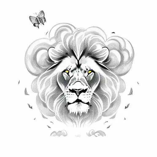 Lion Surrounded By Clouds And Fire Rising With Butterflies In His Hair