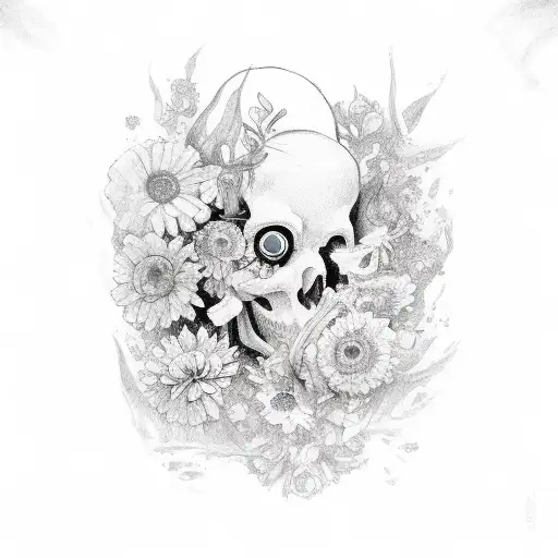 Skeloton With Flowers Coming Out Of The Eyes Drinking Coffee