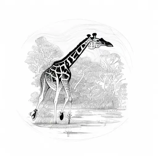 A Whimsical Sketch Of A Giraffe Gracefully Walking Through A Nature Scene