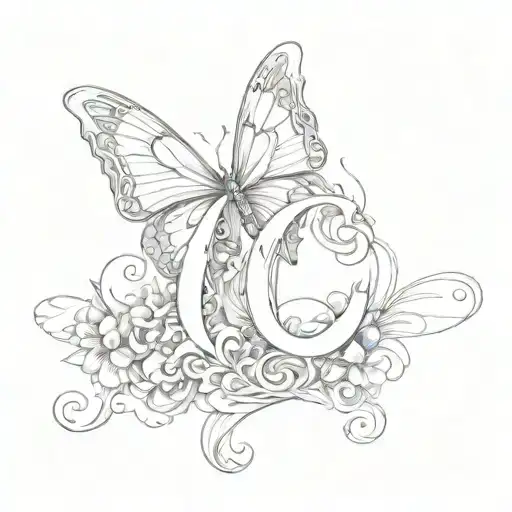 Letter C With Butterfly Wings Black And White Drawing