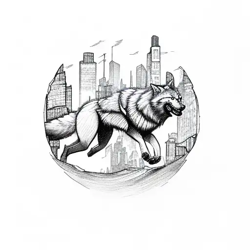 A Wolf Running Through A Cityscape At Night