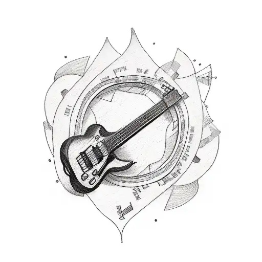 A Sketch-style Tattoo Of A Guitar With The Words 'Blues' And 'Military' Intertwined