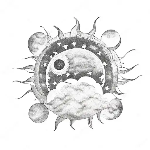 Dreamy Sun And Moon Surrounded By Clouds