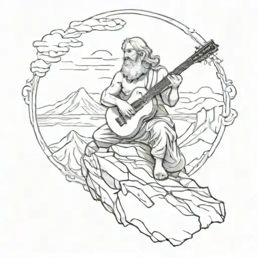 A Tattoo Depicting A Greek Philosopher Playing A Rock Guitar On A Mountain Peak