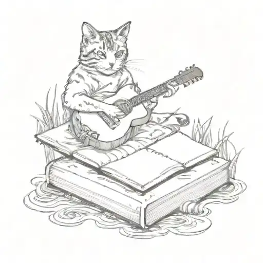 A Cat Playing A Guitar On A Floating Book In The Middle Of A Serene Lake