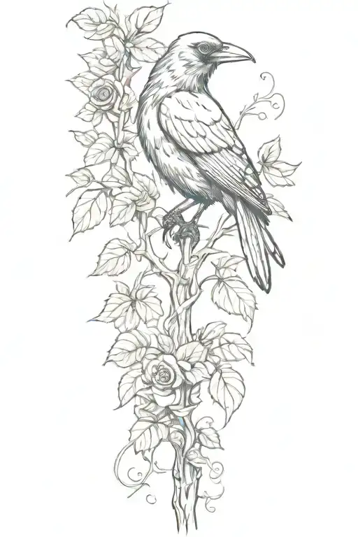 Black Rose Raven Perched On Vines Wrapping
