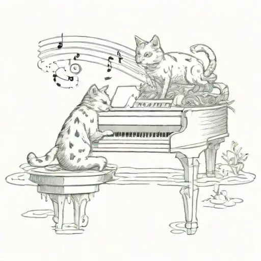 A Cat Playing A Piano On A Small Island Surrounded By Water With Musical Notes Floating In The Air