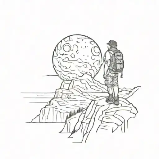 A Sketch Style Tattoo Of A Backpacker Standing On A Cliff Overlooking The Ocean Under A Full Moon