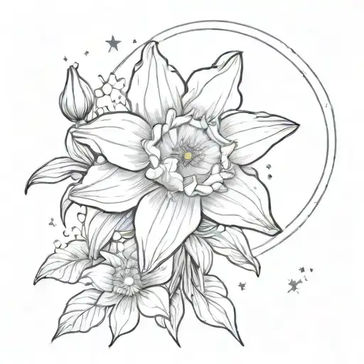 Daffodil Flower And Marigold Flower With A Moon Surrounded By Stars