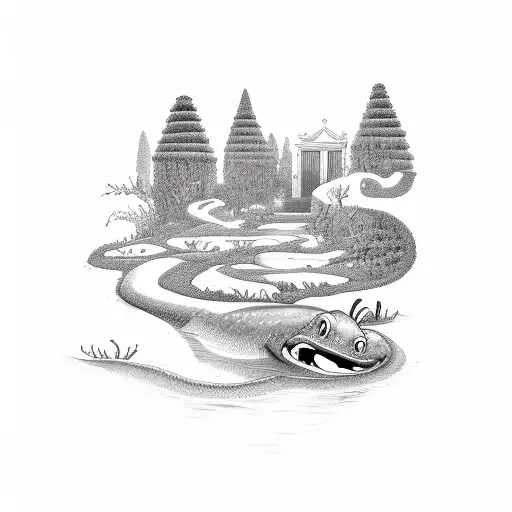 A Cartoon Eel Swimming Through A Stream In A Hedge Maze