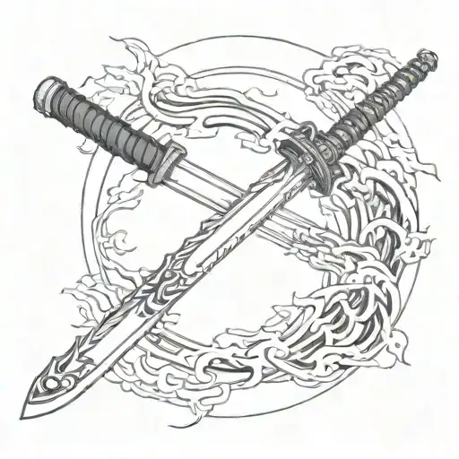 Worn Katana With Black Flames And A Moon In The Background