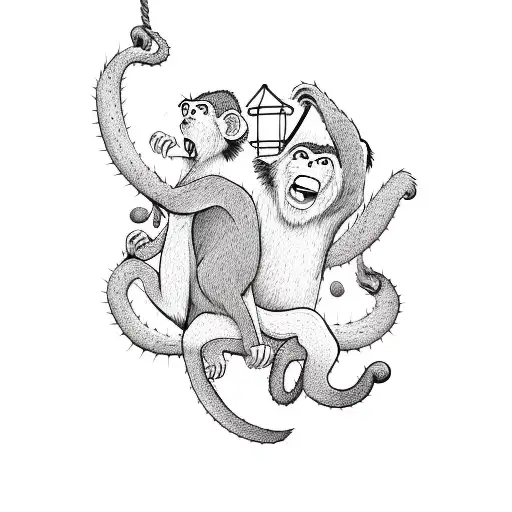 A Playful Illustration Of A Monkey Swinging On A Cactus In A Desert
