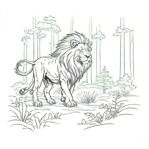 A Lion And A Hiker Walking Together Through A Lush Forest Filled With Tall Trees