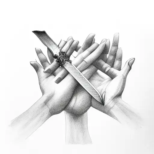 Fragile Women's Hands Hold A Halved Sword