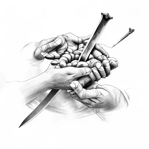 Mother Hands Holding A Sword That Is Decaying