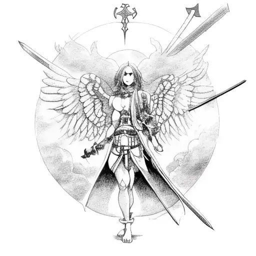 An Angel With Seven Swords And A Cup In His Left Hand In The Clouds